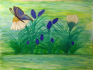 Butterfly and daisy watercolor landscape painting.